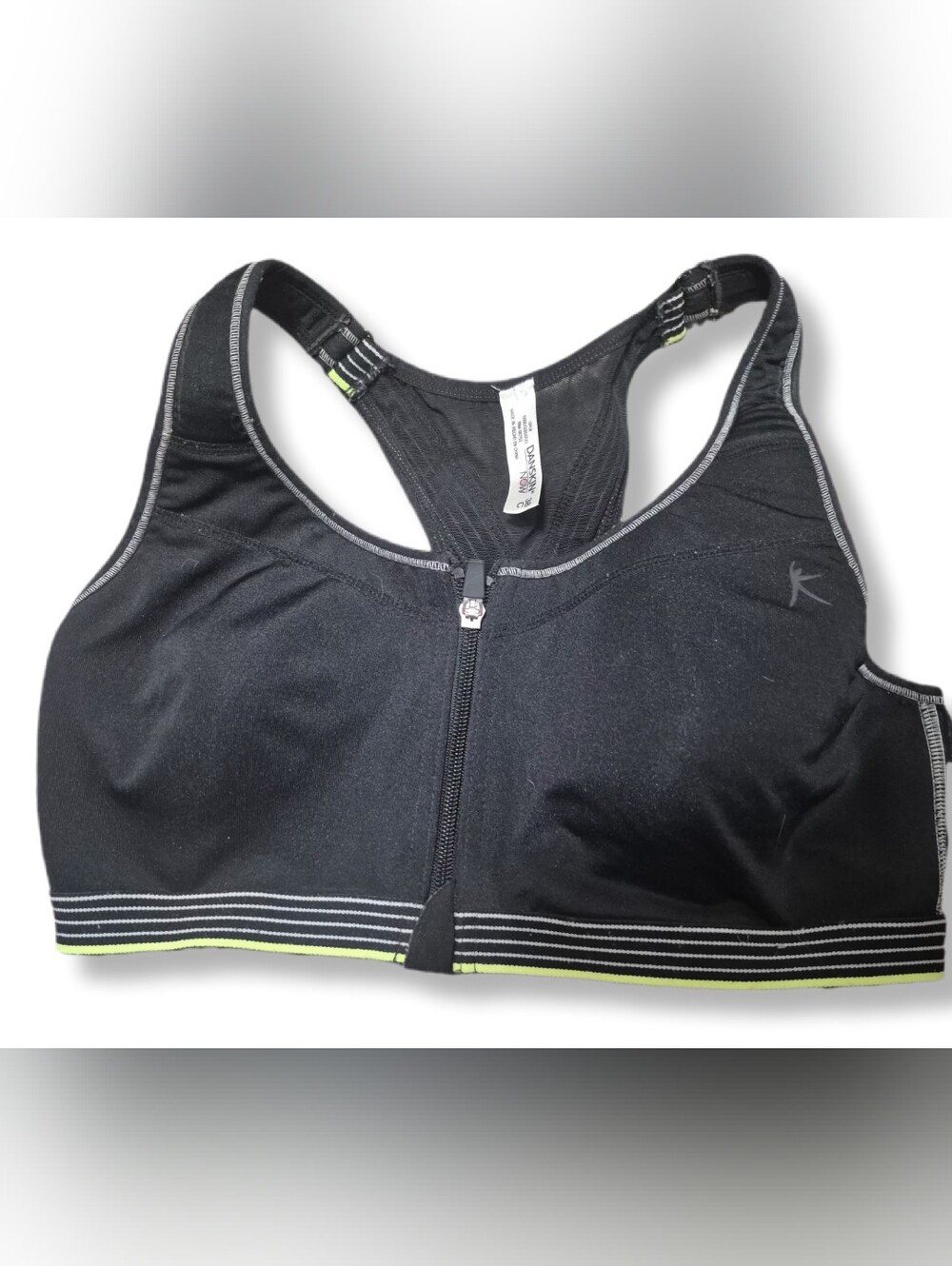 Danskin Now Black w/ Neon Green Striped Racerback Front Zip Sports Bra Size 38C